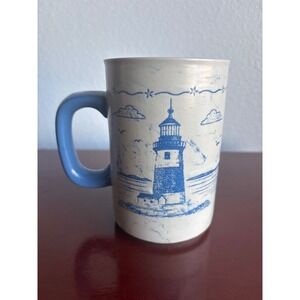 Cape Shore Lighthouse Souvenir Mug Blue White Ceramic Coffee Cup Yarmouth Maine